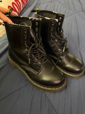 Dr. Martens Black Lace-Up Leather Boots with Yellow Stitching